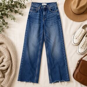 Zara Baggy High Rise Straight Leg Raw Hem Jeans Women's Size 2 Blue Denim